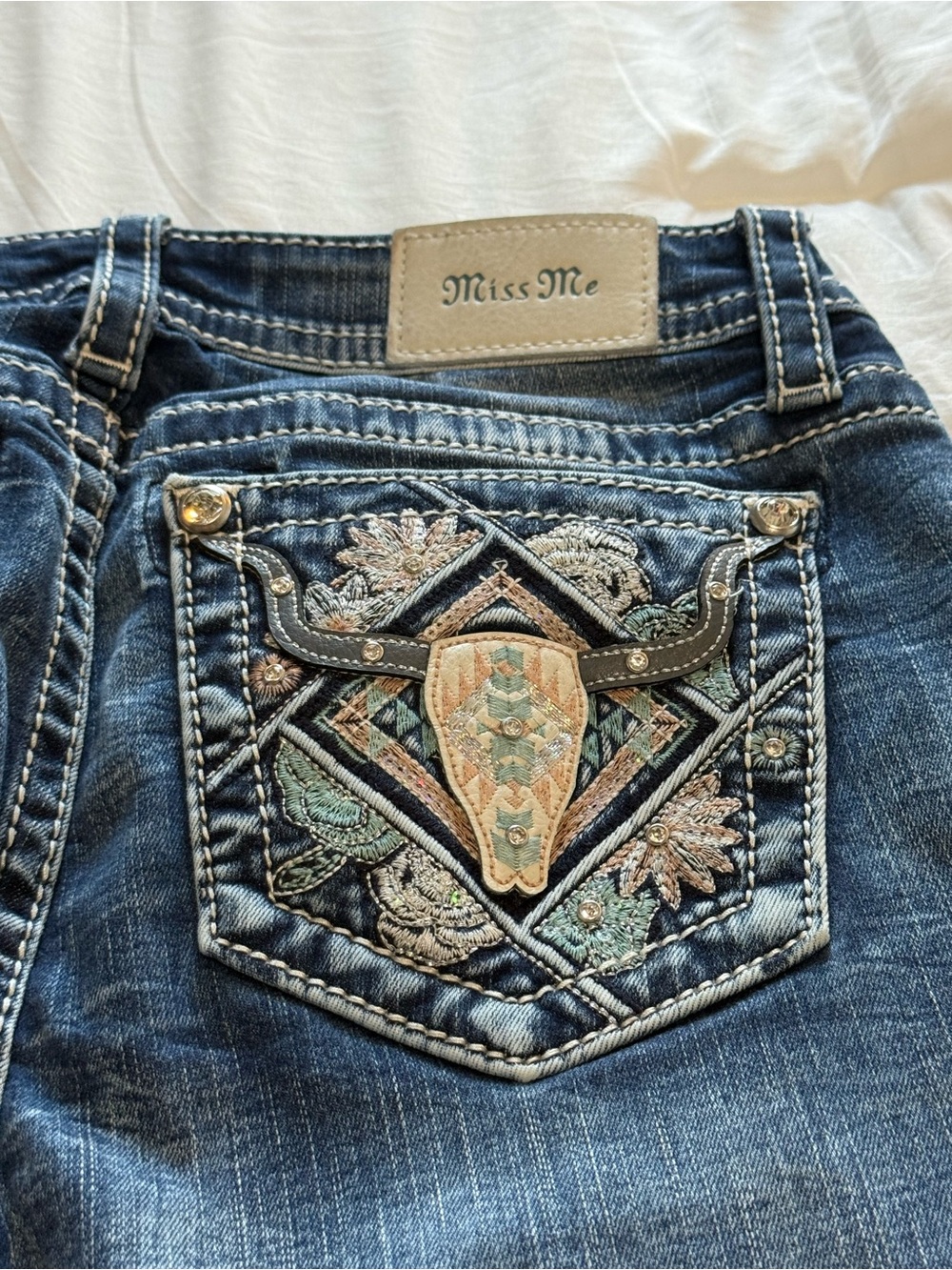Miss Me Blue Skinny Jeans with Pastel Embroidered Pocket